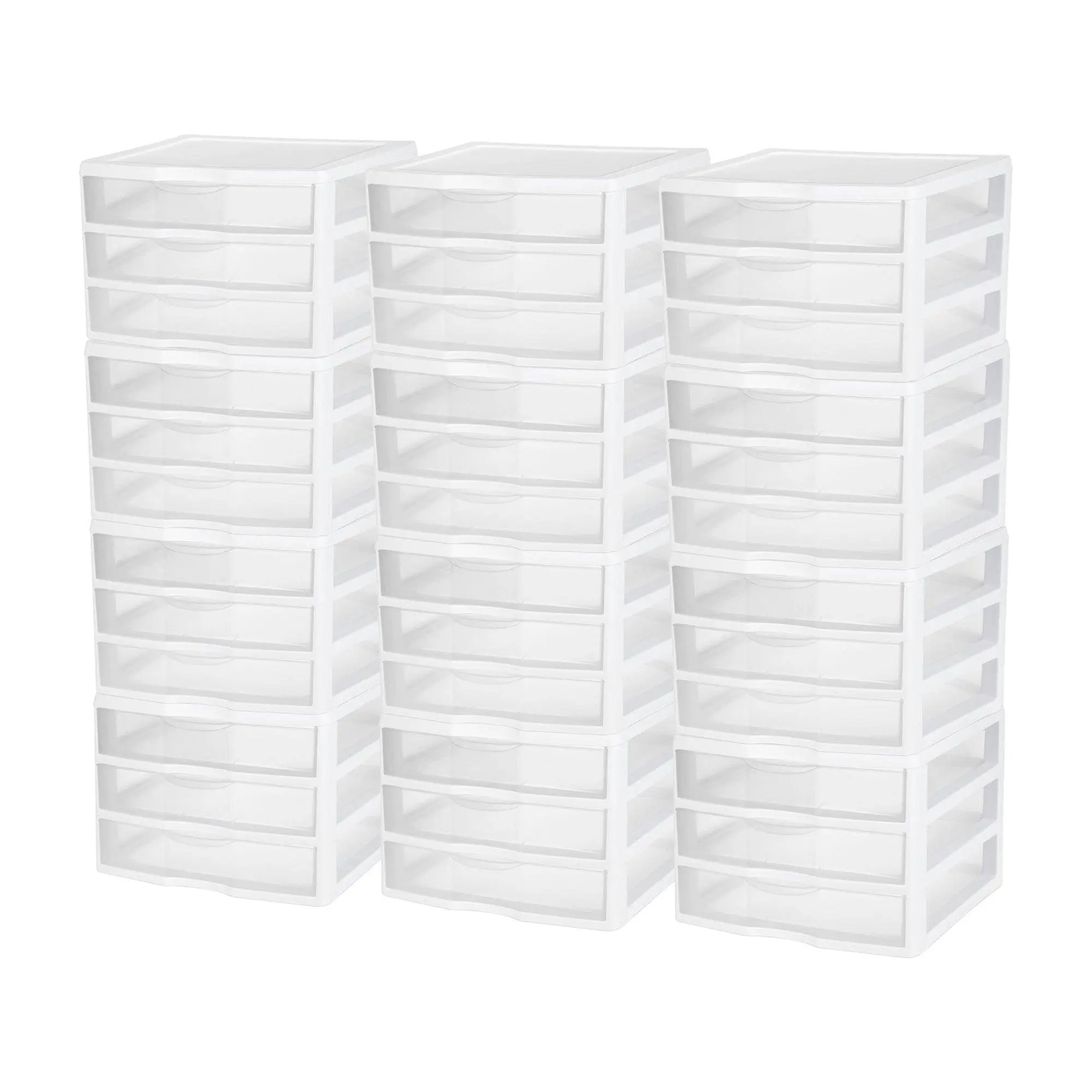 Sterilite Clear Plastic Stackable Small 3 Drawer Storage System, White, (12 Pack)