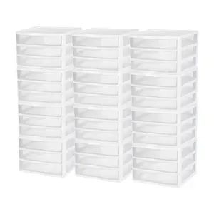 Sterilite Clear Plastic Stackable Small 3 Drawer Storage System, White, (12 Pack)
