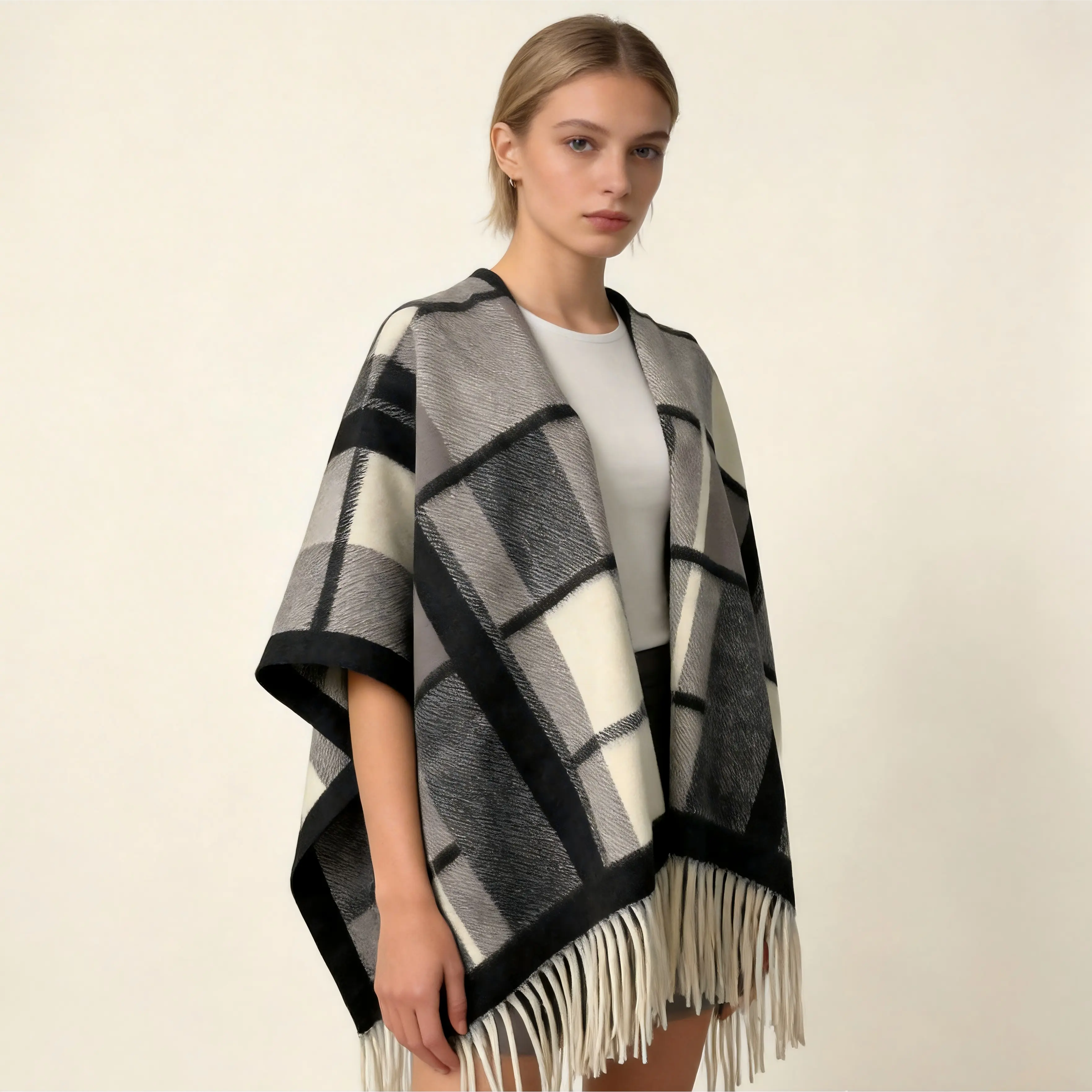 Vselectstudio #3 Plaid Shawl Wrap Scarf Fringe Tassel Cape Poncho Soft Warm Blanket Scarf Classic Checkered Shawl for Women Elegant Cozy Fall Winter Fashion Accessory for Women Daily Wear Travel Outdoor Outfit