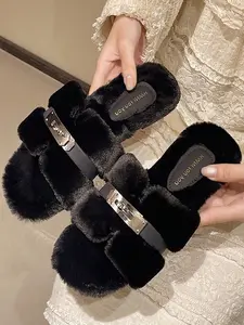 Women's Trendy Plush Slippers Outdoor Spring Autumn New Metal Buckle Fuzzy Slippers Home Wear High-End Feel
