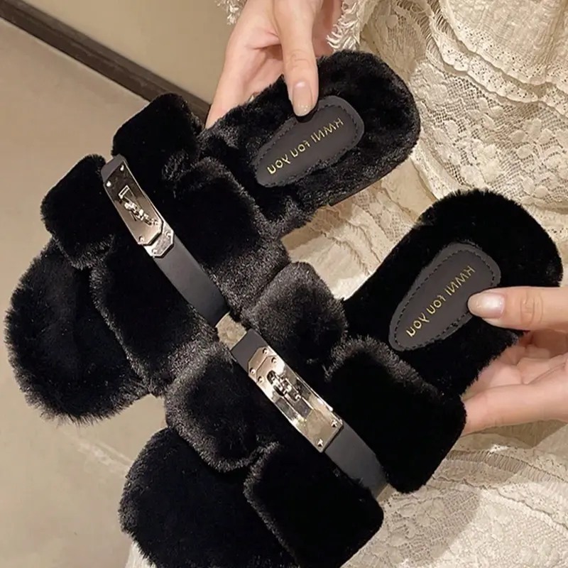 Women's Trendy Plush Slippers with Metal Buckle, Fuzzy Warm Indoor House Shoes, soft cushioned slippers, Premium Feel, Spring & Autumn, Suitable for Home & Outdoor Wear