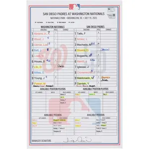 Washington Nationals Game-Used Lineup Card vs. San Diego Padres on July 19, 2025 - Fanatics Authentic Certified