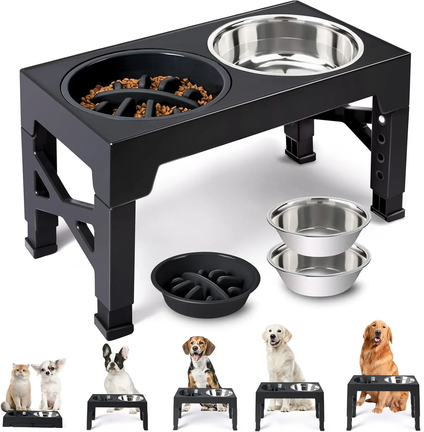 Elevated Dog Bowls Set - 5-Adjustable-Height ABS Material Stand, 2 Stainless Steel Bowls, 1 Slow Feeder, 3.2" to 12.2" High for All Breeds to Encourage Chewing Slowly