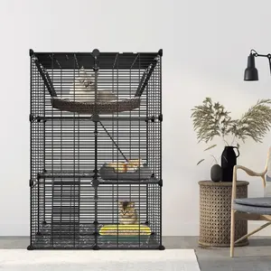 Segawe Enclosed 3-Tier Large Metal Frame Multi-Level Pet Enclosure Cage, Indoor-Outdoor Escape Proof Kennel with Hammock & Stability Kit for Small Animals - Black
