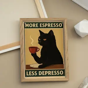 Vintage Coffee Theme Wall Art Poster, Wooden Sign with Cat Design, Indoor Outdoor Waterproof Decor, Perfect Gift for Coffee Lovers