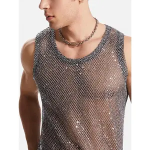 Men's Sequin Mesh Tank Top - Sleeveless V-Neck Sheer Vest for Nightclub & Party Wear, Glittery Eyelet Design, Lightweight Polyester Fabric, Summer Fashion Statement