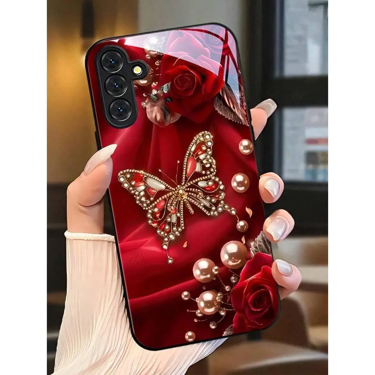 Red Butterfly Rose Pearl Phone Case With Glass Texture. Suitable For IPhone 17, 16, 15, 14, 13, 12, 11, Pro Max Plus, And Galaxy 26/25/24/23/22/21/ULTRA/PLUS/FE/Able-Pri71/56/55/54/53/52/36/35/34/26/25/23/16/15/14/13/06. Tailor-Made Phone Case