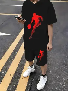 Boys' Teen 2-Piece Basketball Print Set, Short Sleeve T-Shirt + Casual Shorts, Breathable Streetwear Sports, Daily & Outdoor Activities