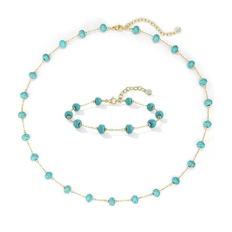Turquoise Beaded Choker Necklace for Women | 14K Gold Or Silver Plated Brass, Multiple Stone Shapes, 15-15.7 in Plus 2 in Extender, Summer Western Styling