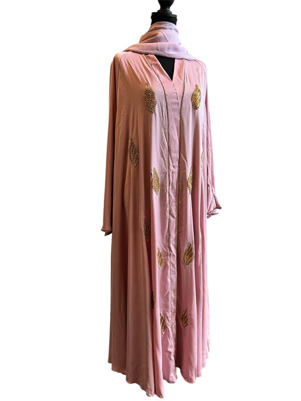 Blush Pink Abaya with Golden Leaf Embellishments & Scarf Elegant Design Women's Fashion Wear