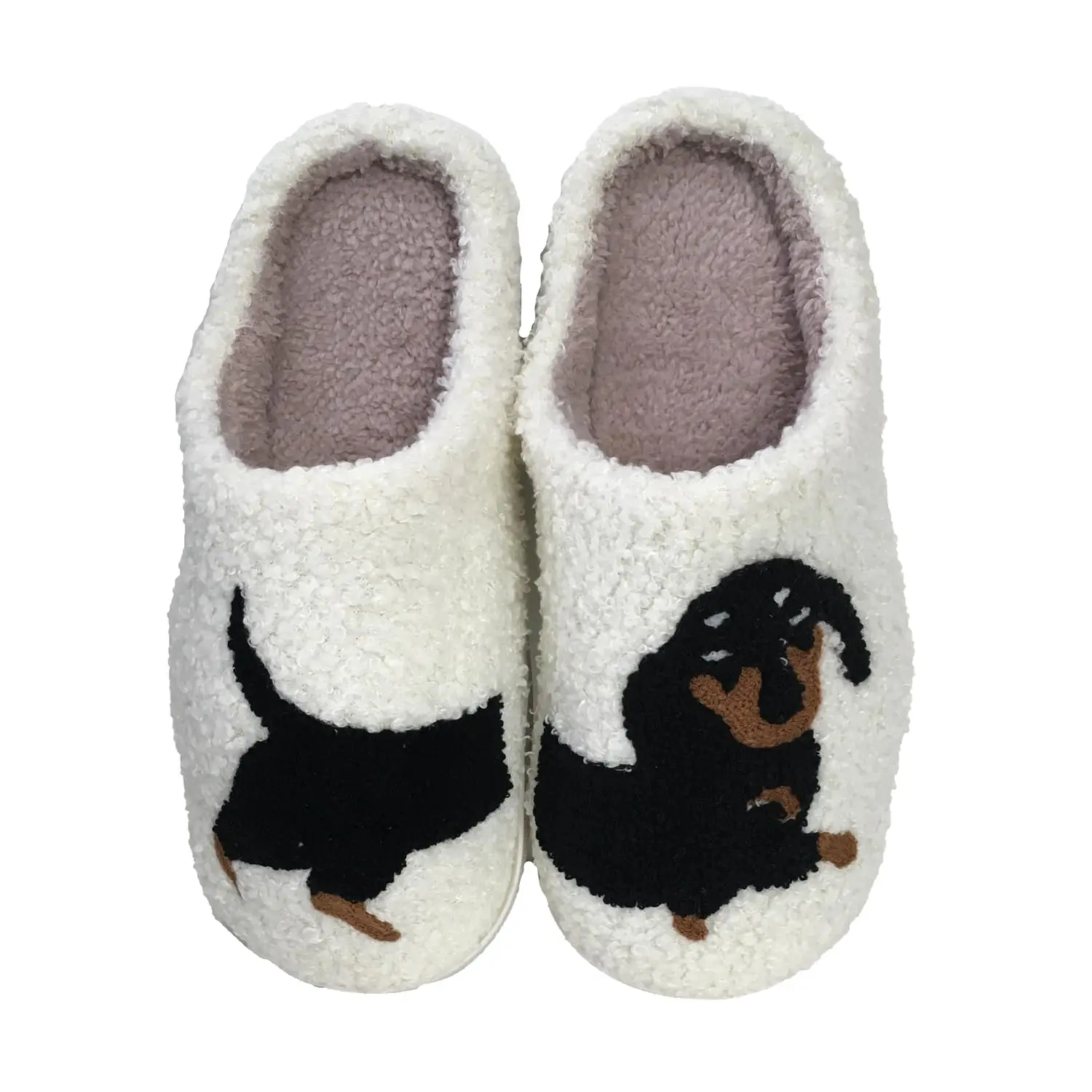 Fashion Culture Women's Cute Dachshund Plush Sherpa Slide Slippers, Soft Indoor House Shoes with a Non-Slip Rubber Sole, Embroidery, Fabric