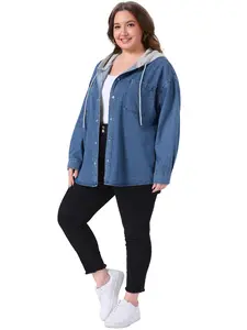 Agnes Orinda Women's Plus Size Denim Jackets Hoodies Long Sleeve Button Down Jean Jacket with Hood Western Outfit