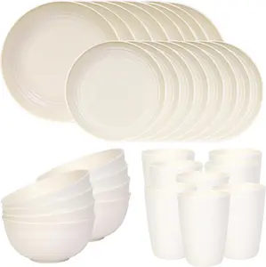 Quatish 32 Piece Plates and Bowls Sets for 8, Unbreakable Dinnerware Sets, Dish Set for Camping, Dishwasher Microwave Safe, Outdoor Kitchen and Apartment Dinning RV Essentials, Beige