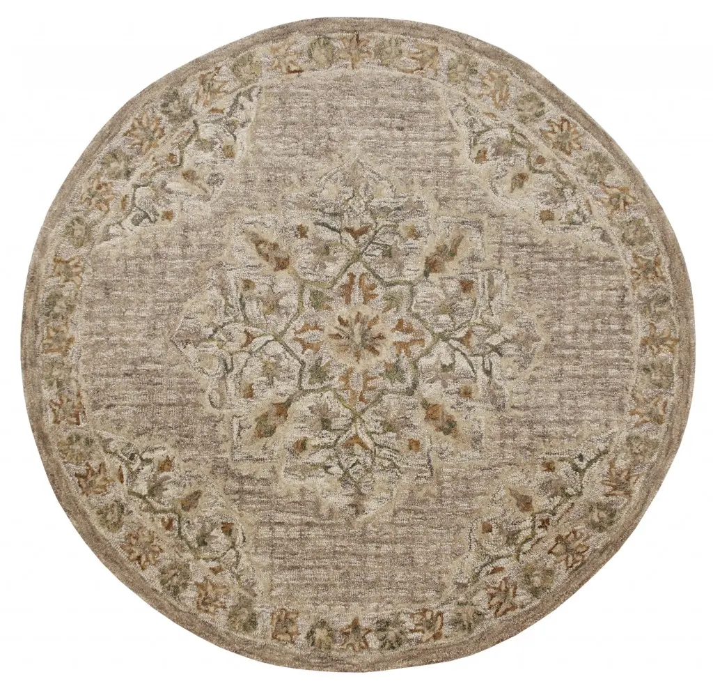6 ft. Round Beige & Cream Distressed Medallion Area Rug