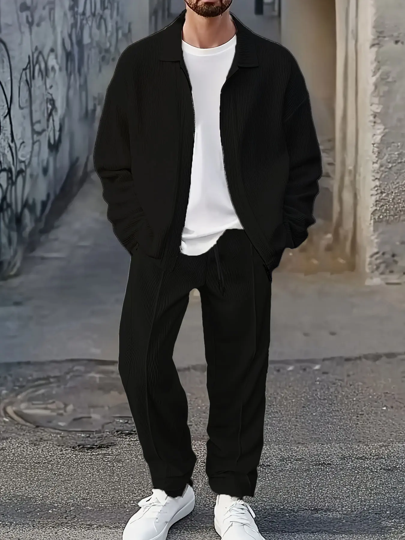 Men's solid color long sleeved 2-piece sports set, zipper jacket and pants set, suitable for outdoor sports