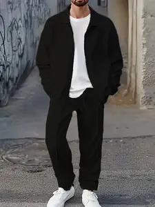 Men's solid color long sleeved 2-piece sports set, zipper jacket and pants set, suitable for outdoor sports