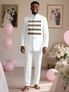 Traditional Muslim African Classic Style Men's Wedding Suit Set, Round Neck Long Sleeve Top and Pants, 2 Piece Set, Formal Wear