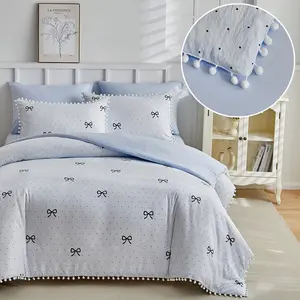 Japanese Bedding Set 3-Piece, Bowknot Polka Dot Ball Design, Includes Fitted Sheet & Pillowcases, Washable Polyester Fiber, Gift Idea, Soft Bedding Sets