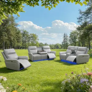 A AINEHOME Light Grey Breathing Leather 3-Piece Living Room Recliner Sofa Set for Modern Home Decor Breathing LED Reclining Leather Sofa Set Power Reclining Leather Sofa Set with LED