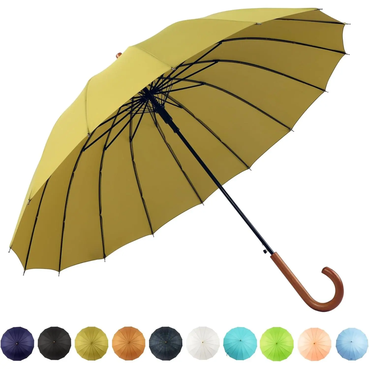 16 Ribs 48" Stick Umbrella Auto Open Solid Color Fashionable and Simple,Arc Classic  Handle,Windproof Unbreakable Stick Rain Umbrella