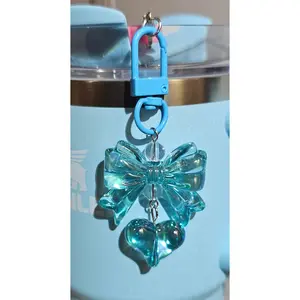 Pearlescent Glitter Ribbon Bow & Heart Charm Pendant  - Teal Blue Iridescent
