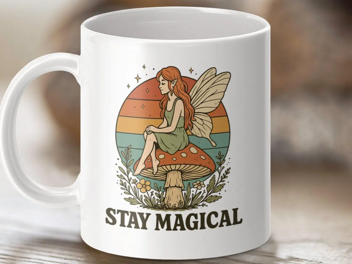 Fairy Mug, Retro Fairycore Mug, Mushroom Coffee Cup, Cottagecore Decor, Stay Magical Mug, Magical Girl Mug, Whimsical Gift, Aesthetic Mug