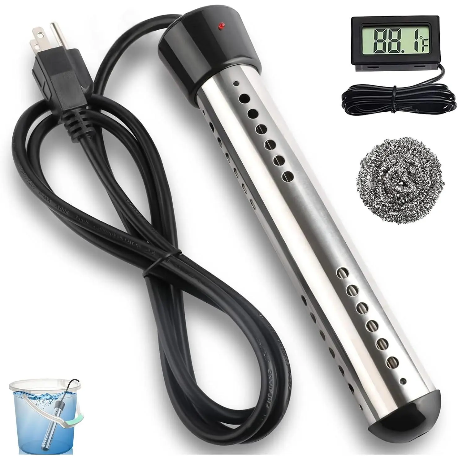 2000W Immersion Water Heater with 304 SS Guard Fast Heats 5 Gallon Water in Minutes Portable Submersible Heater with LCD Thermometer for Bathtub Bucket Swimming Pools Black