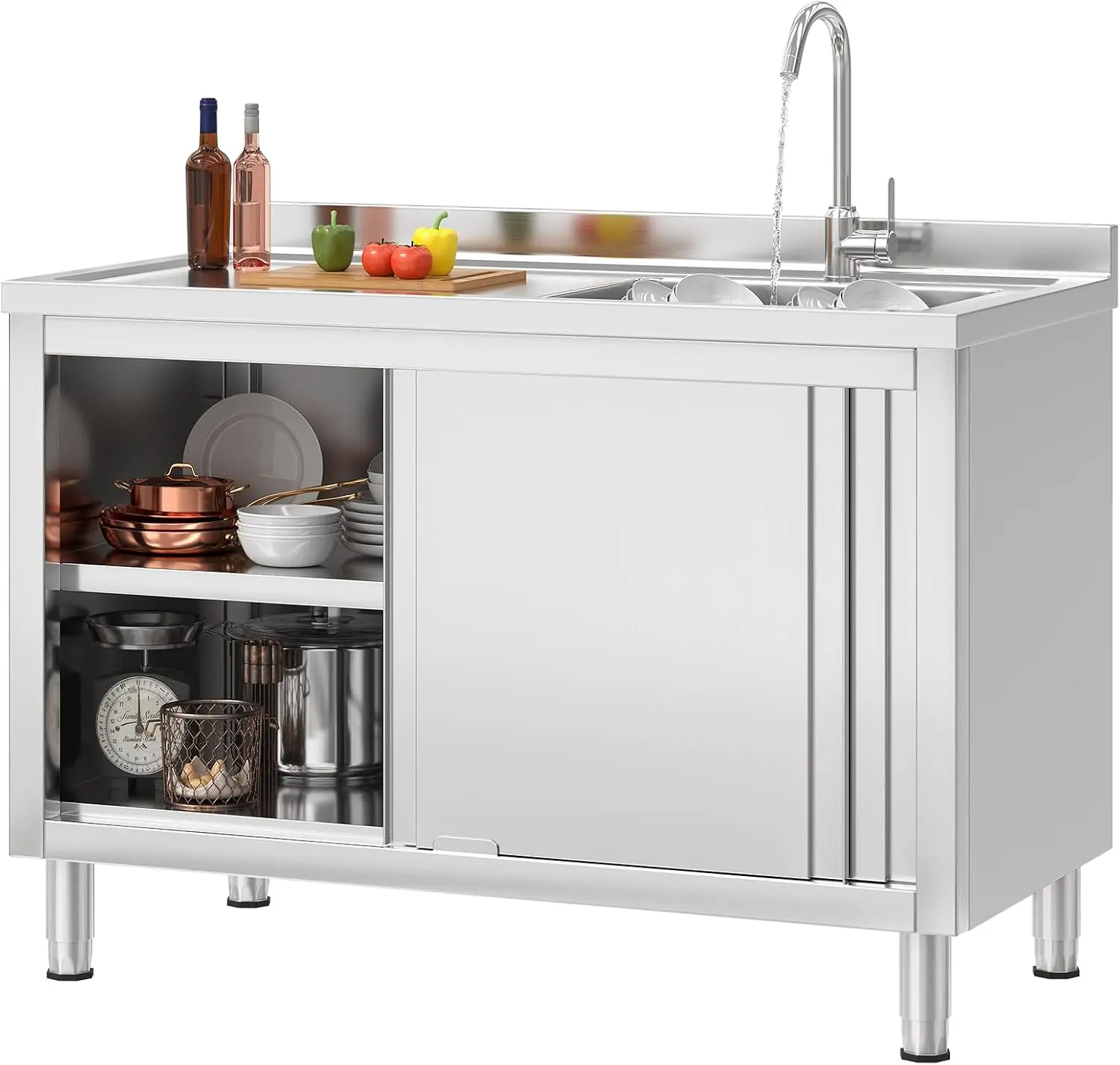 47in Freestanding Stainless Steel Laundry Sink Cabinet, Deep Single Bowl Station with Faucet & Drain Kit, Heavy Basin for Garage, Restaurant, Indoor Outdoor Use (Right)