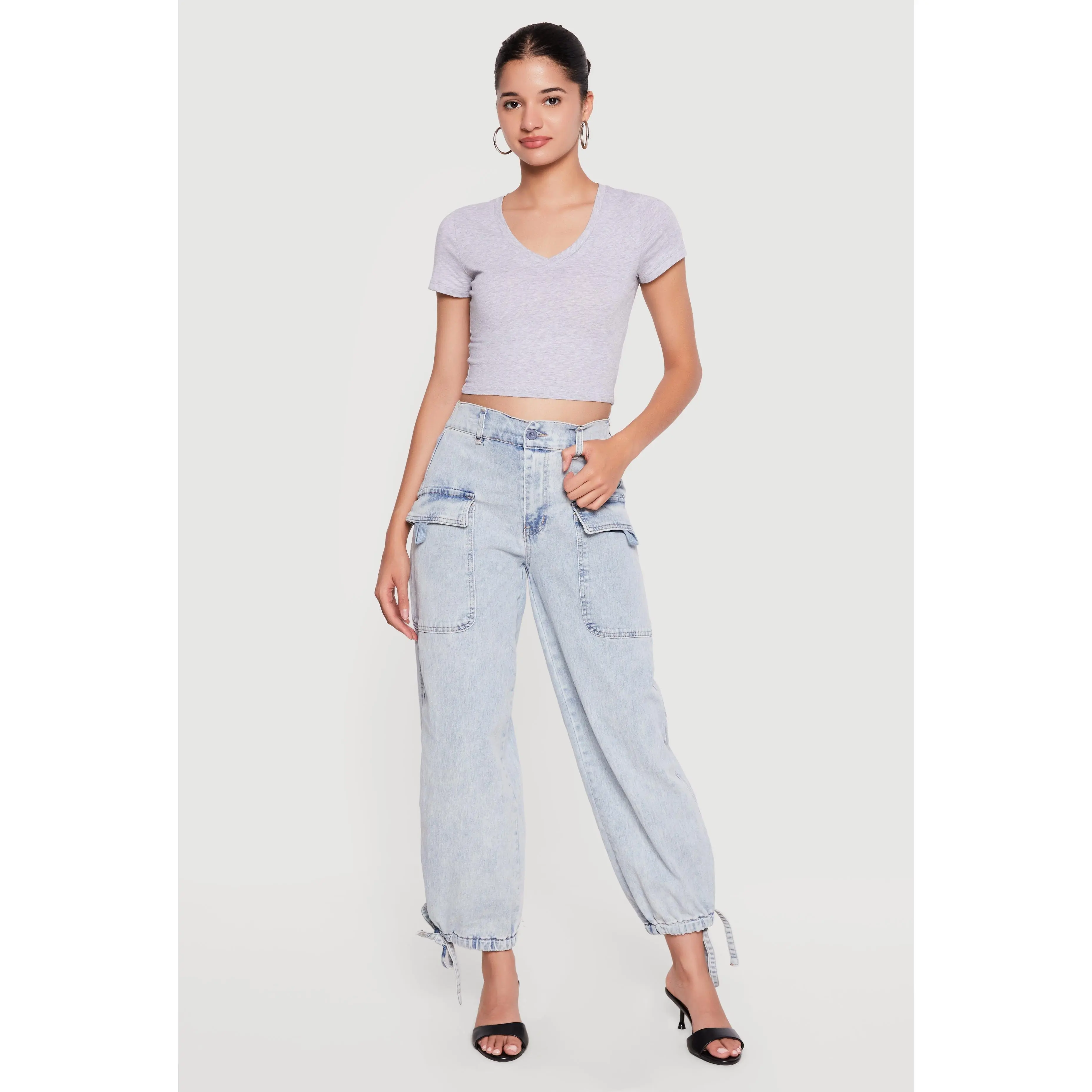 High Waisted Drawstring Hem Denim Cargo Joggers