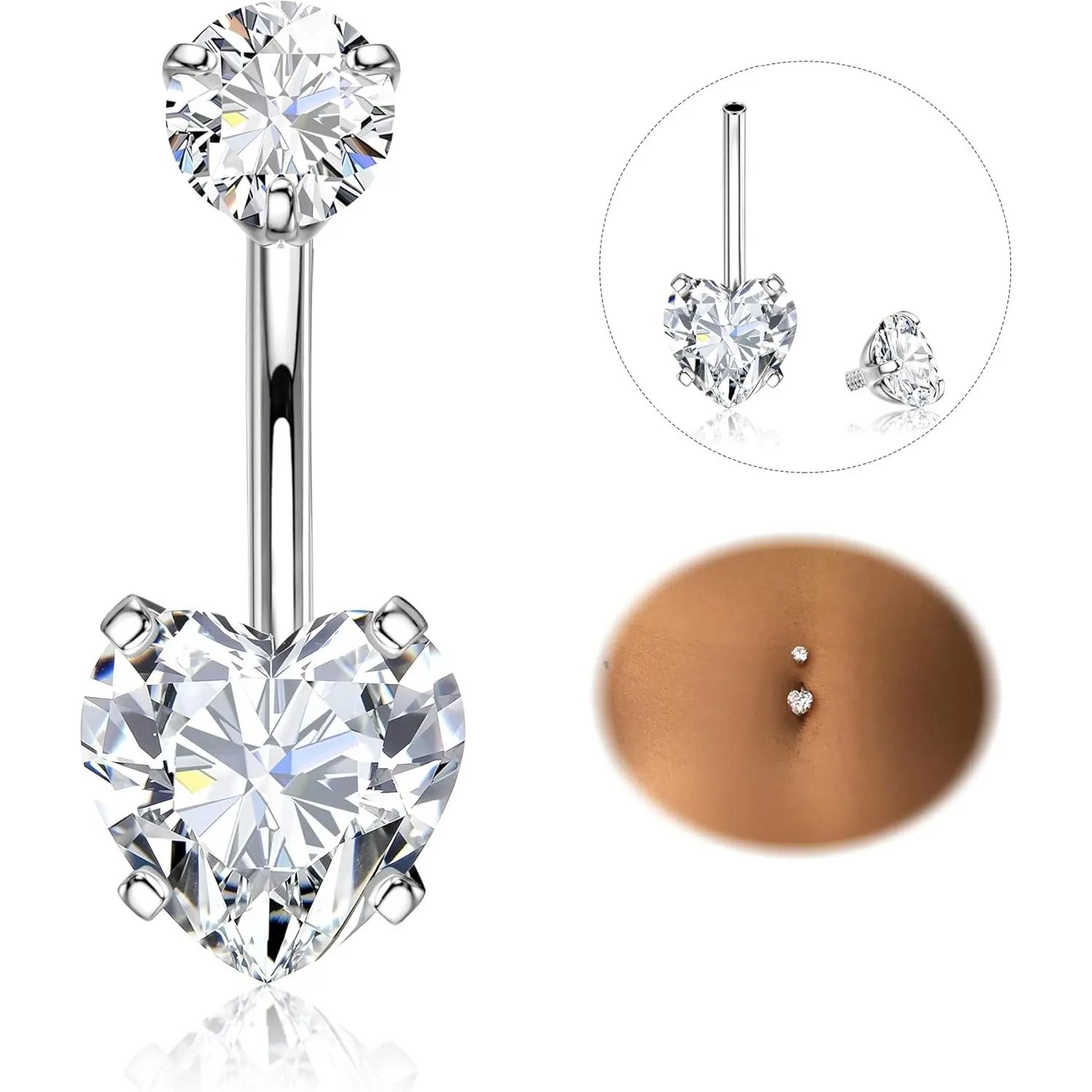 MILACOALTO 14G 316L Surgical Steel Multi-Size Female Belly Piercing Jewelry Set - Hypoallergenic Shiny CZ Belly Bars, 8/10/12/14/16mm Silver Barbells for Daily & Casual Wear, Belly Bar