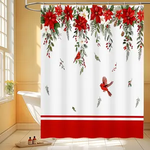 1pc Elegant Red Poinsettia & Cardinal Bird Christmas Shower Curtain with Hooks White & Red Floral Bathroom Decor Bathtub Curtain  Machine Washable Golden Accent Design for Holiday Bathroom Decorations