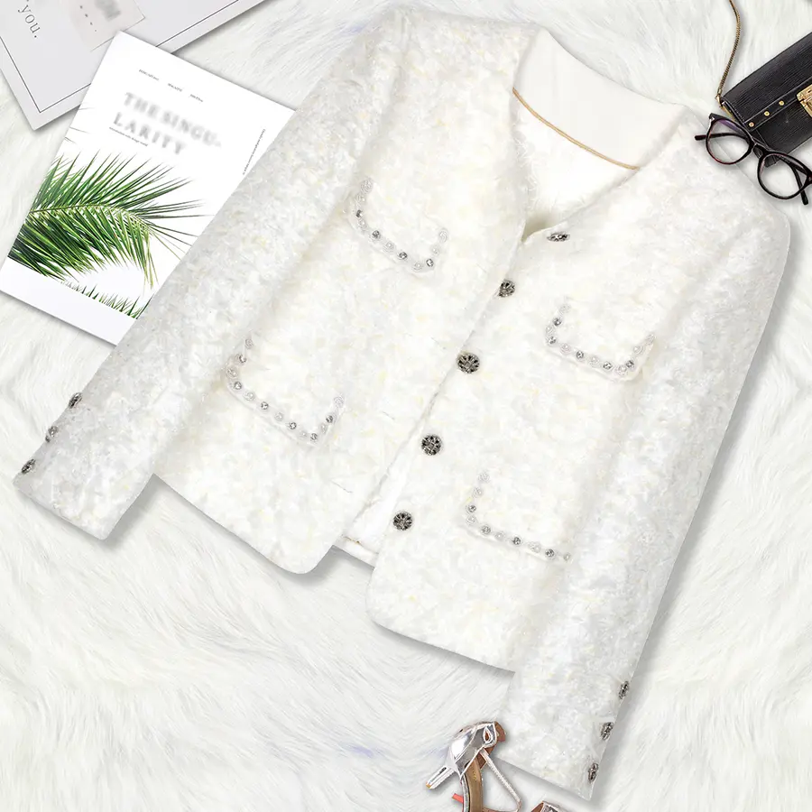 DS Women's Elegant Unique Design Traditional Tweed Long Sleeve Fitted Crew Neck Furry Coat - Button Front, Bead & Velvet Embellishments, Medium Length Regular Sleeve Women's Stylish Outerwear, Style, Coats