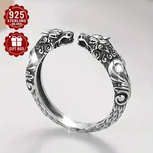 1pcsS925SterlingSilverLowallergyZodiacDomineeringDoubleDragonHeadShapeOpenRingRetroEthnicStyleSuitableForBanquetGiftsForMenAndWomenUniversalCoupleRingabout4g