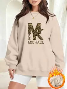 Women's Leopard Print Round Neck Sweater, Casual Loose Fit Winter Warm Fleece Pullover, Plus Size Fashion Top for Fall & Winter