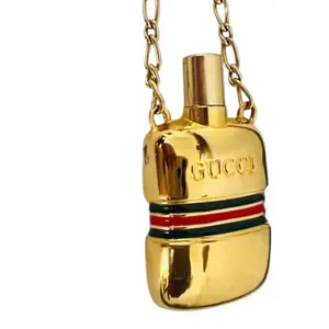 Pre-owned GUCCI Metal Necklace GG Logo Perfume Bottle Gold Tone Pendant W/ Box & Pouch