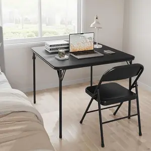 33.6 in Folding Card Table, Portable Square Folding Table with PU Leather Soft Cushion, Heavy Duty Metal, Black Foldable Table Suitable for Dining Room, Living Room, Office, Camping