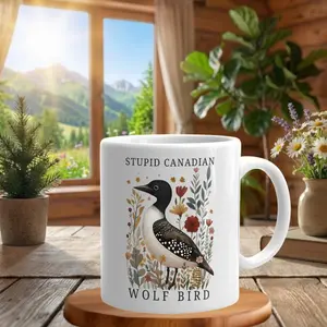 Stupid Canadian Wolf Bird 11oz Mug, Funny Loon Bird Floral Graphic Coffee Cup, Sarcastic Animal Humor Ceramic Mug, Gift for Bird Lovers