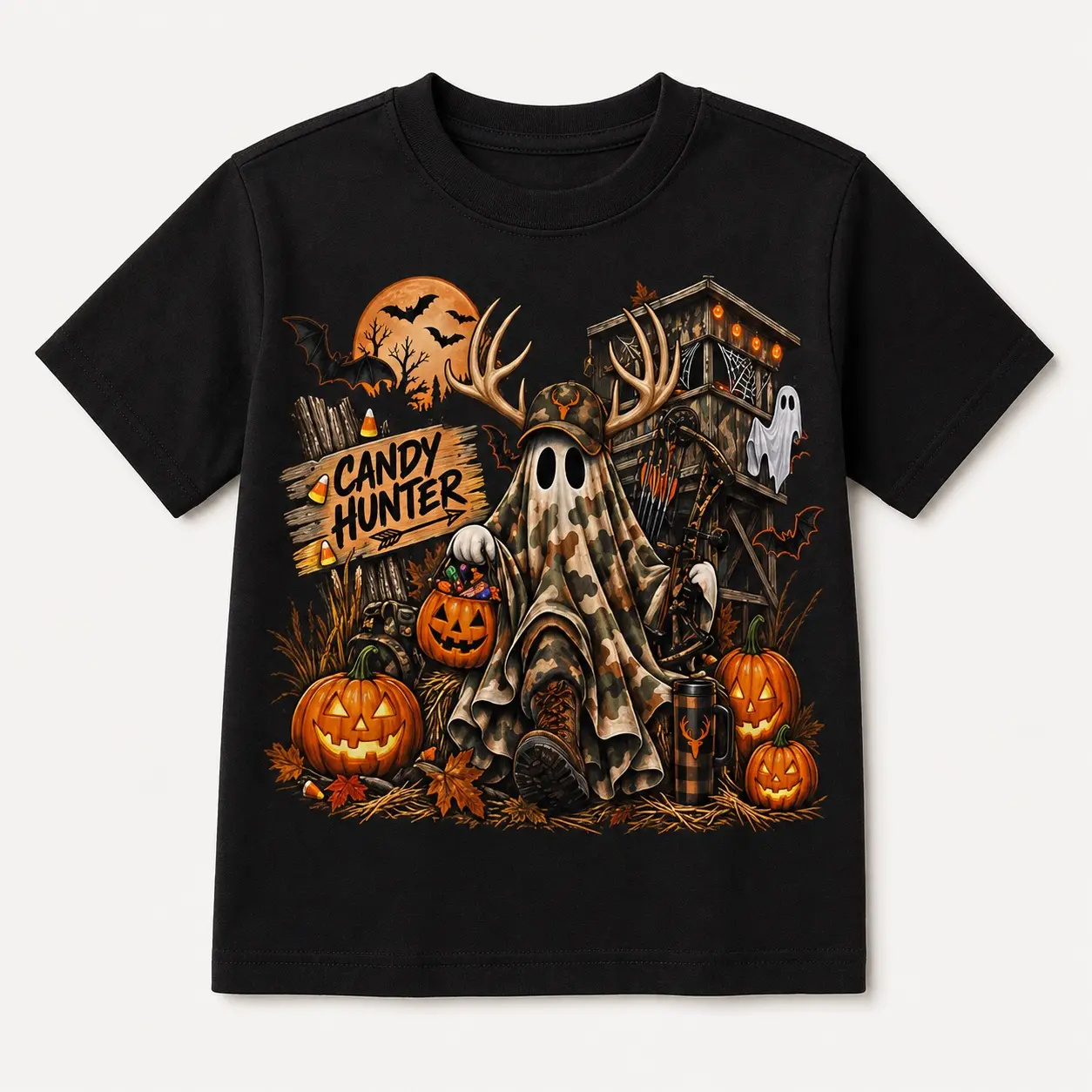 Candy Hunter Ghost Halloween T-Shirt, Camo Deer Hunting Graphic Tee, Spooky Trick or Treat Shirt for Kids, Youth Hunter Gift For Women