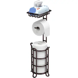 Bronze Toilet Paper Holder Stand with Shelf, Tissue Paper Roll Dispenser for Bathroom Storage, Holds Reserve Mega Rolls