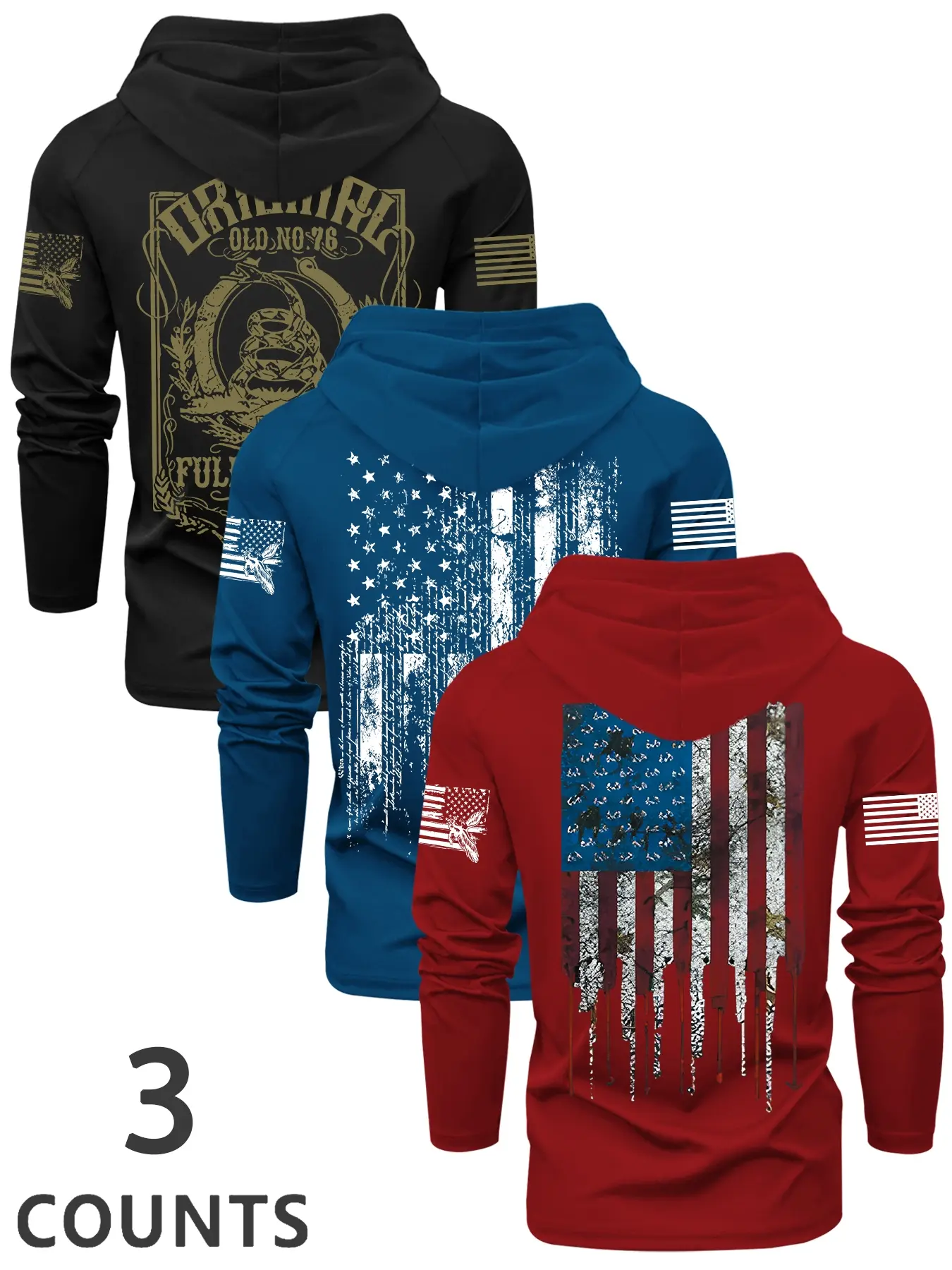 Men's Flag Series Print Hooded Long Sleeve T-Shirt, Fall & Winter Outdoor Casual Fitted Top, 3 Pack Casual Hoodie Set, Casual Outdoor Pullover, Casual Streetwear Sweatshirt