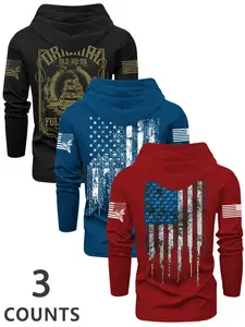 Men's Flag Series Print Hooded Long Sleeve T-Shirt, Fall & Winter Outdoor Casual Fitted Top, 3 Pack Set