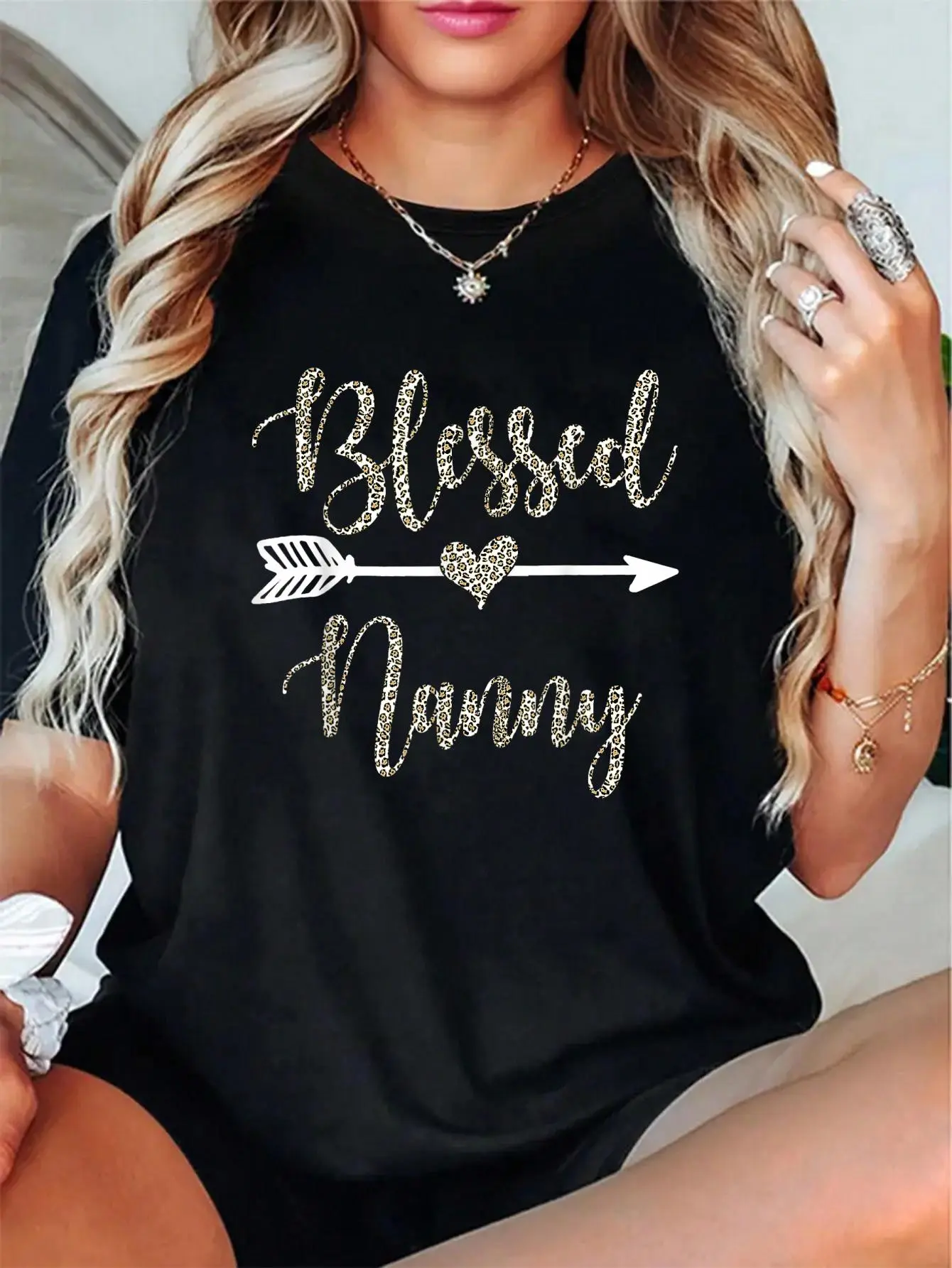 Women's 100% Soft Cotton Short-Sleeve Crew Neck Blessed Nanny Tee - Casual, Breathable, Leopard Print Graphic Top, Love-Themed, All Seasons Fit for Grandma, Mother's Day Gift, Vibe, Digital Print