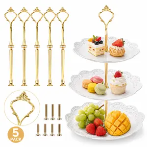 5-Pack 3-Tier Dessert Stand Hardware Kits - Golden Crown Style Zinc Alloy Cupcake & Fruit Plate Holder with Center Rod, Handles, Screws for DIY Tray Making (Plates Not Included)