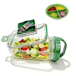 Saladkind Salad Pod Plastic Side Open Lid Storage Container with Fork, Reusable Food Preservation Jar, Leak-Proof Sealed Bottle