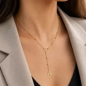 Women's Dainty Initial Letter Lariat Jewelry, Beaded Chain Hollow Heart Charm Personalized Piece, Letter Chain Necklaces, Heart Initial Necklaces for Date Night, Valentine Birthday Gifts