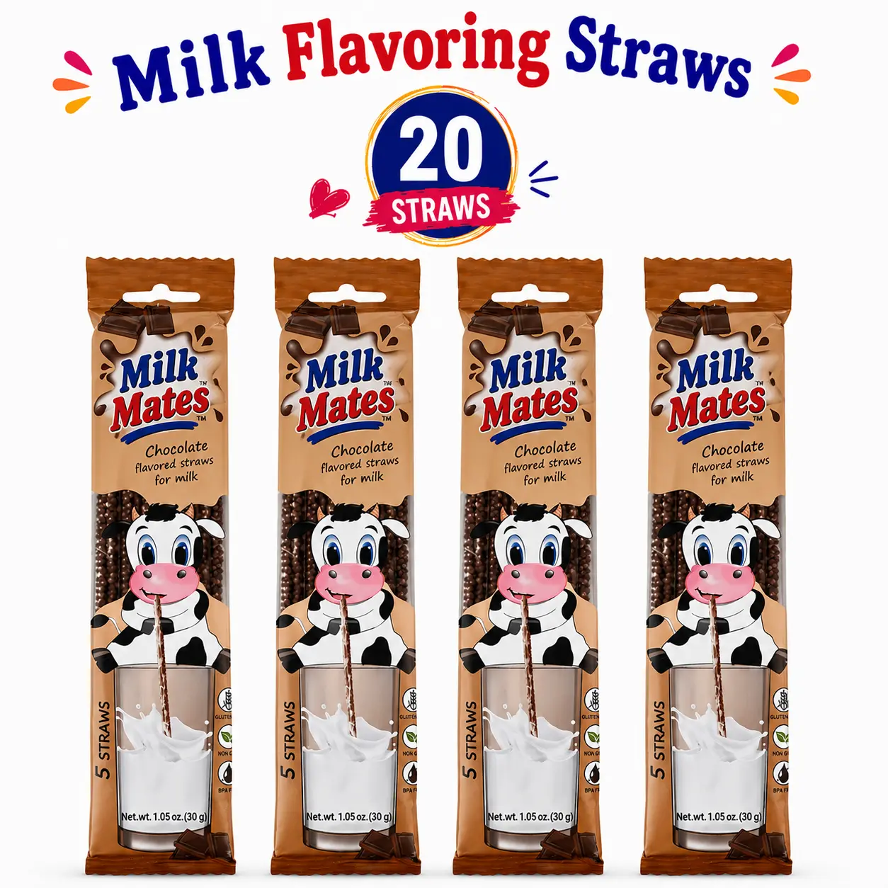 20 Milky Sip Chocolate Flavored Straws For Milk - 4 Packs of Milk