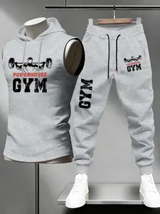 Men's Summer New Barbell Muscle Print Design, Trendy Sleeveless Sport Hoodie Tank Top & Jogger Pants Set, Casual Spring Summer Gym Outfits