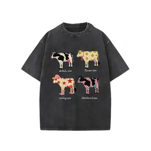 Fashionable Cute Cartoon Cow Round Neck Printed T-Shirt, Pure Cotton Stylish Washed Unisex New Casual High Quality Short Sleeve
