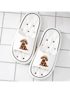 Cute Brown Poodle Dog Print Quick-Dry Hollow Out Slide Slippers, Non-Slip Drainage Bathroom Shower Shoes, Soft Cushioned Home Sandals for Pet Lovers & Kawaii Style Fans