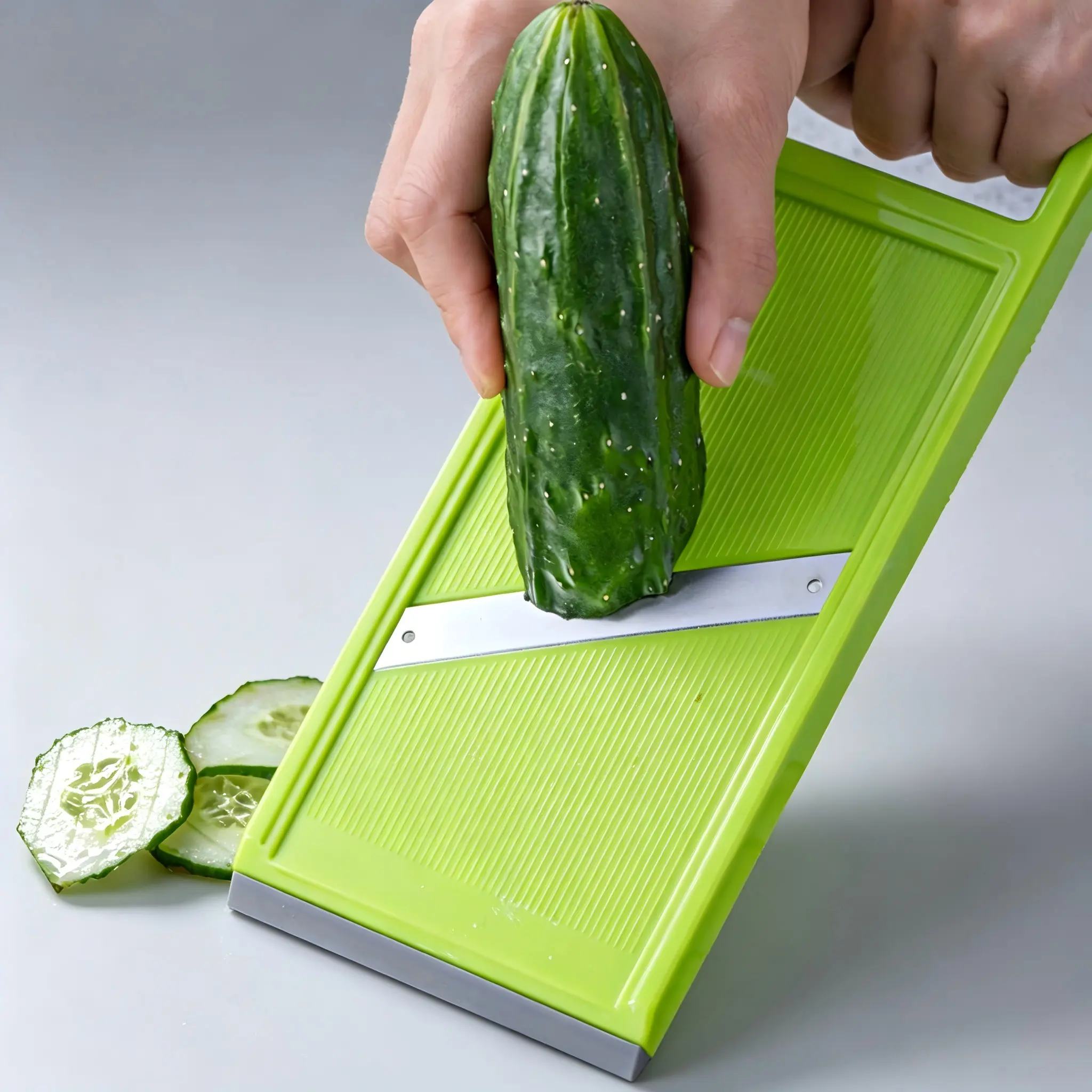 Handheld Manual Stainless Steel Vegetable Slicer - Smooth Blade Kitchen Utensils for Food Prep, Potato/Carrot/Zucchini Chip & Strip Cutter, Easy Grip Green 4.25x10.8in Homemade Snack Maker